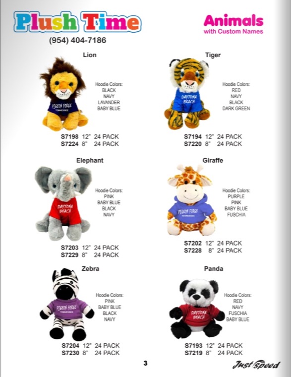 Custom-Name Plush Animals — page from the Just Speed 2025 catalog