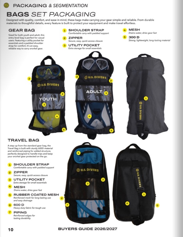 Gear & Travel Bags — page from the U.S. Divers 2027 catalog